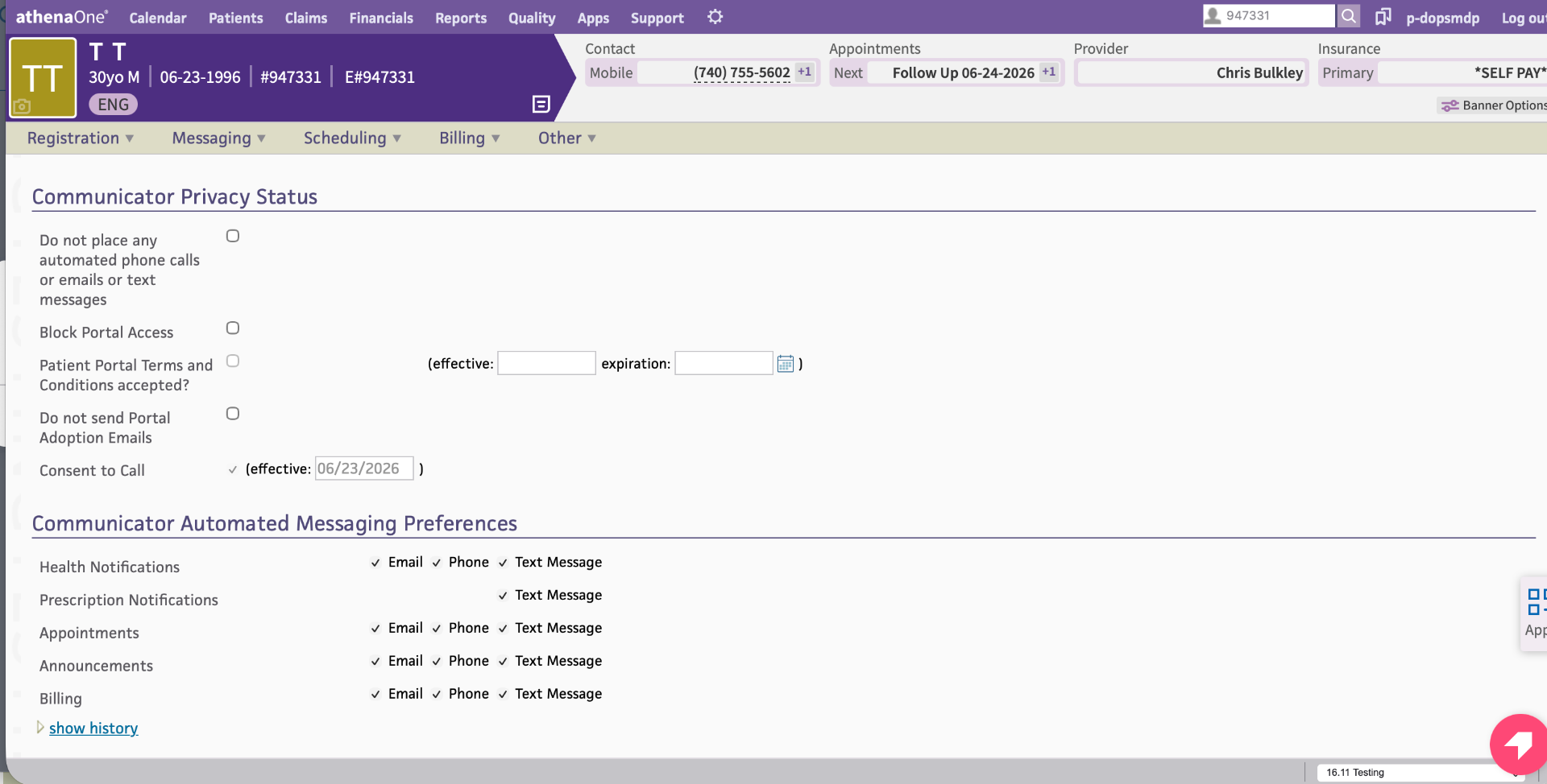 Reference screenshot of athenahealth Communicator patient messaging and consent settings.