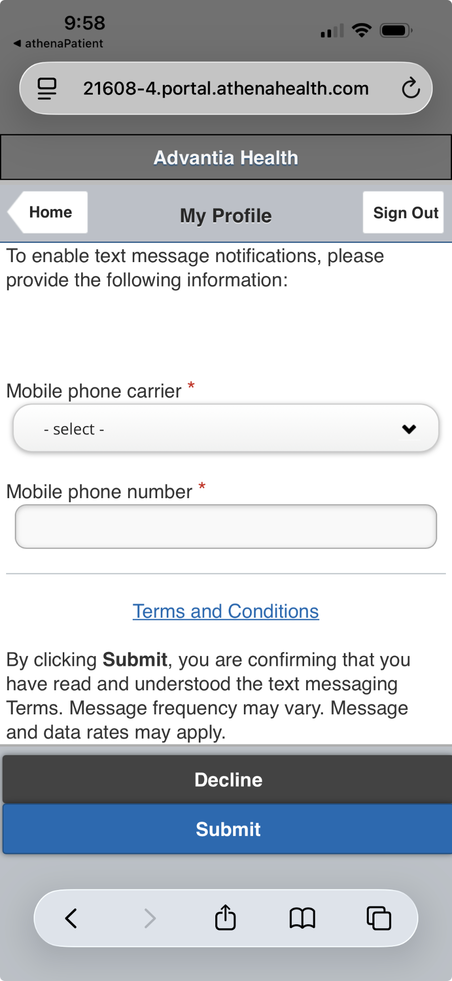 Representative example of the athenaPatient portal text-message opt-in screen for Advantia Health.